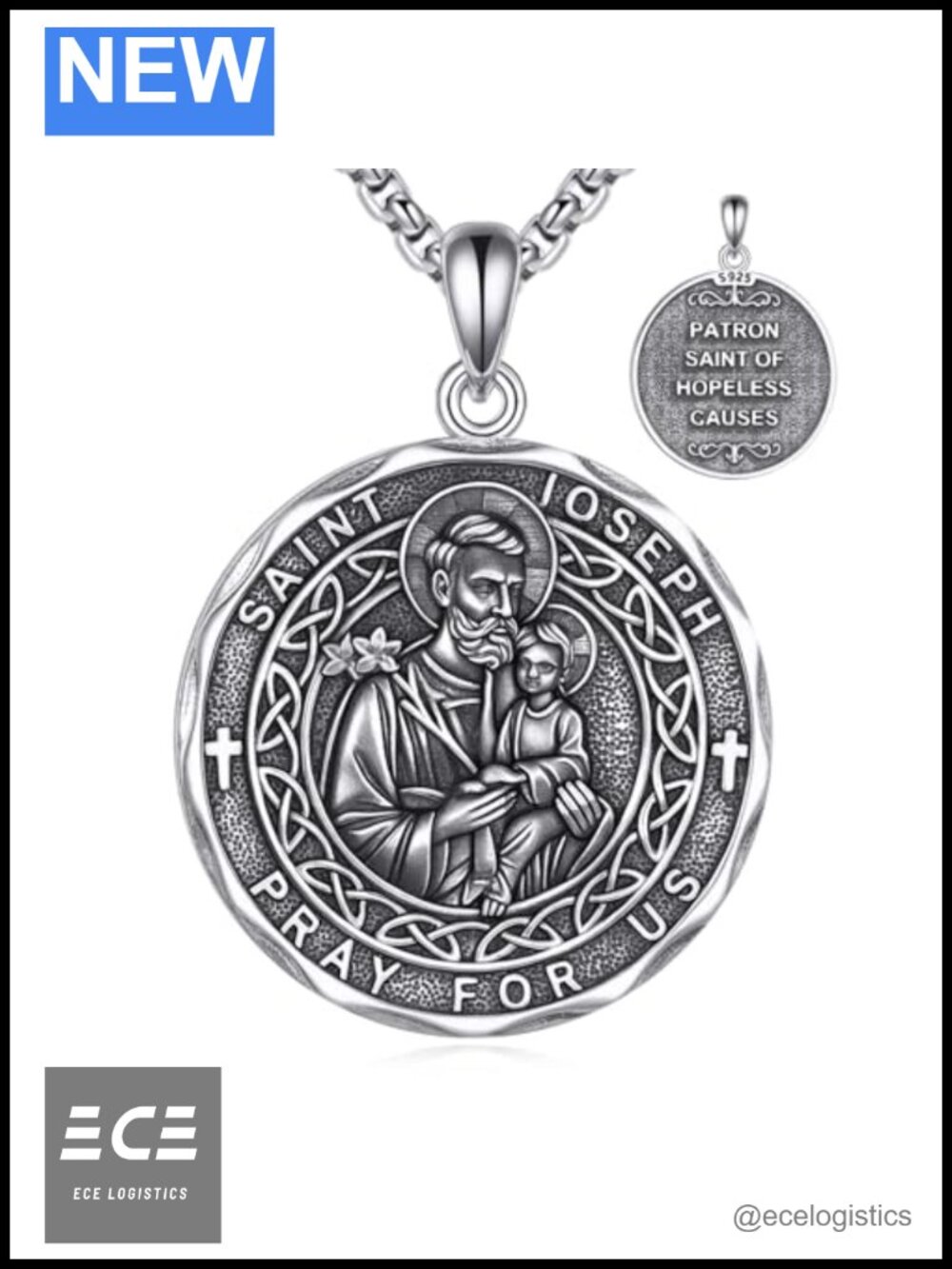 925 Sterling Silver Saint Joseph Pendant Necklace Adjustable Chain Gift